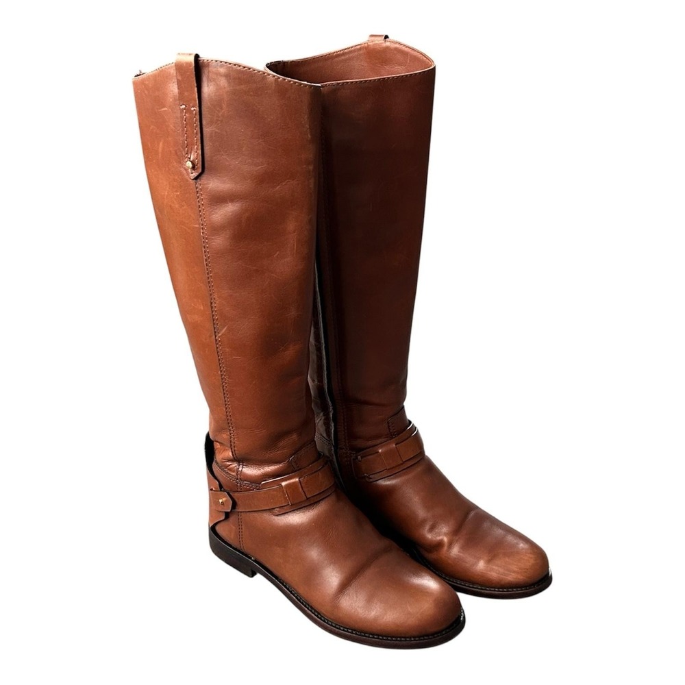 Tory Burch Riding Boots Womens 7M Brown Leather Knee High Logo Zip Strap Buckle